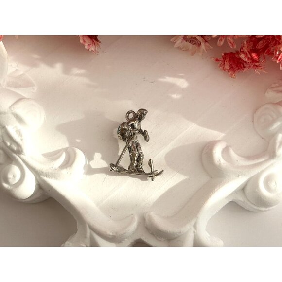 Turquoise Accented Antiqued Sterling Silver Skiier Vintage Pendant | Charm - Picture 13 of 14